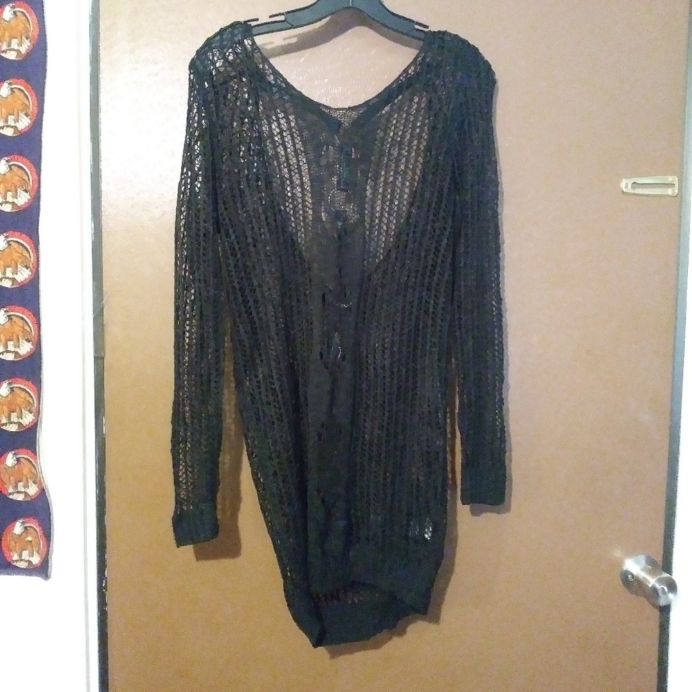 Black Open-Knit Women's Sweater with Leather Detail